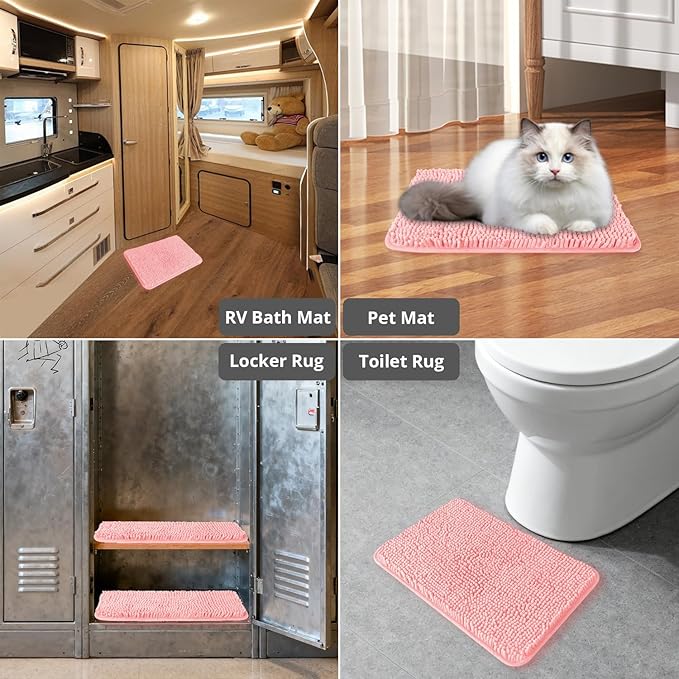 Small Bathroom Rug 12"x18" – Washable and Absorbent Bath Mat, Non Slip, Thick Soft Chenille Bath Rugs for Bathroom, Shower, Sink, Dog mat(Pink)
