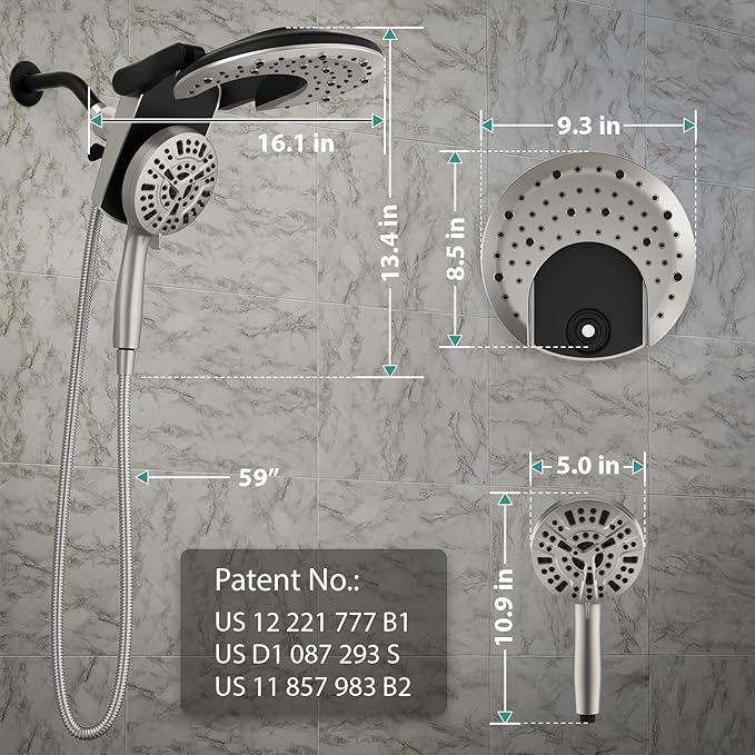 Rain Shower Head with Handheld: Foldable High Pressure Shower Heads with Handheld Spray Combo, 9 Spray Settings/Modes Hand Held Showerhead Dual Rainfall Shower Head Built-in Magnetic Docking and Jets