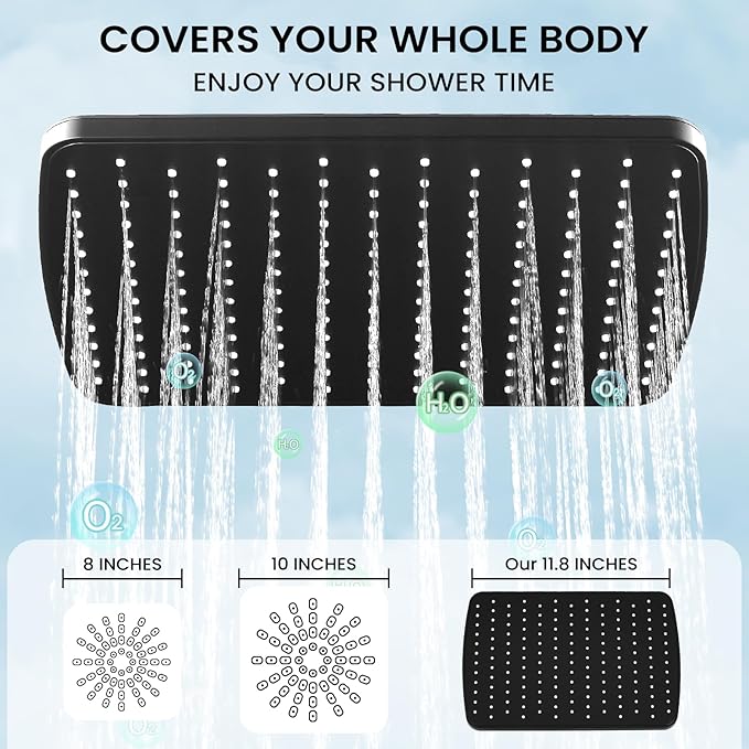 Shower Head with Handheld Combo,11.8 Inch Large Rectangular Rain Shower Head with 5 Modes Handheld Spray Combo,Adjustable Double Shower Heads with Holder and 11'' Extension Arm Matte Black