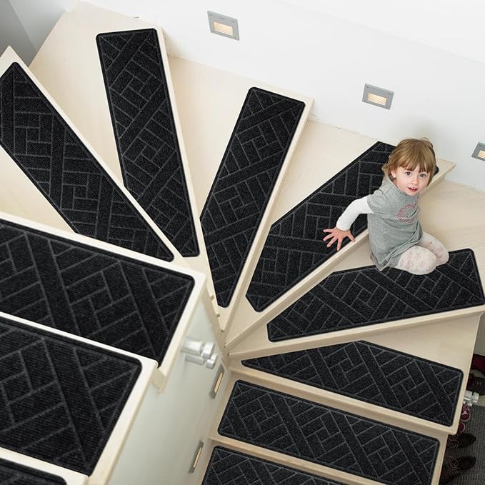 15 Pack 8 "X 30" Non-Slip Carpet Stair Treads for Indoor Wooden Steps, Made of Polyester and Reusable Adhesive, Suitable for Kids Elders and Pets(Black Lines)