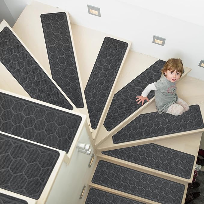 15 Pack 8 "X 30" Non-Slip Carpet Stair Treads for Indoor Wooden Steps, Made of Polyester and Reusable Adhesive, Suitable for Kids Elders and Pets(Grey Hexagon)