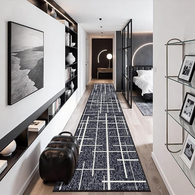 Non Slip Hallway Runner Rug 2.6x12, Modern Distressed Stripe, Washable Extra Long Rug, Woven Thin Low Pile Carpet Runners for Hallway 12ft Entryway, Kitchen, Walkway- Midnight Black