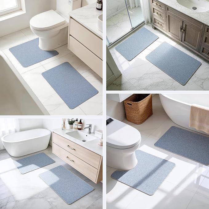 Bathroom Rugs Sets 2 Piece, Thin Bath Mat & U-Shaped Contour Toilet Rug Absorbent Quick Dry, Machine Washable, Non Slip Low Pile Bath Mats for Bathroom/Tub/Sink/Shower (30"x20" Plus 24"x20" U, Blue)