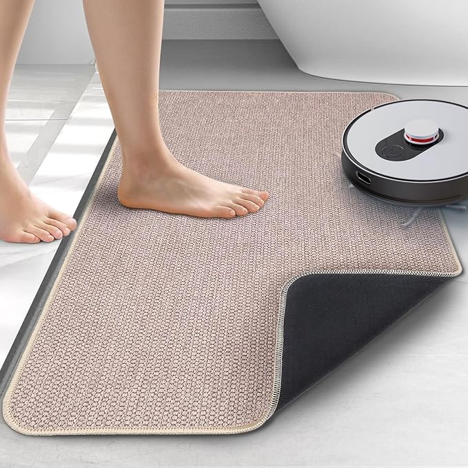 Upgraded Bath Mat 24x48Inch, Thin Bath Mats Rugs with Rubber Backing Non-Slip, Absorbent,Quick Dry Machine Washable, Home Decor Accessories Cozy Cloth Bathroom Rugs fit Under Door/Sink/Tub-Biege