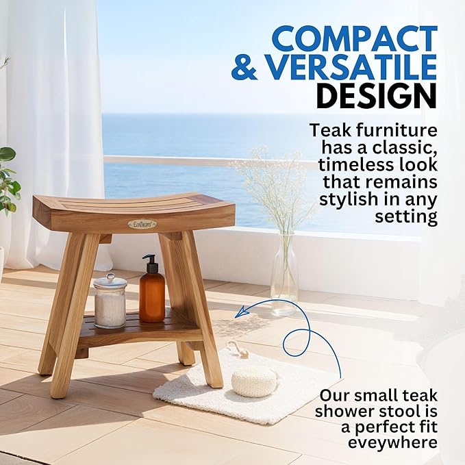 EcoDecors Teak Shower Bench with Shelf 18", 300 lb Capacity – Fully Assembled Waterproof Wood Spa Seating for Adults - Compact Fit for Small Bathrooms & Walk-in Showers - Slip-Resistant Feet