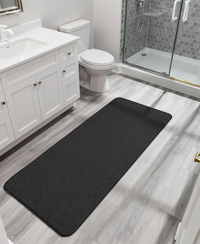 Bosap Bath Mat,Ultra Thin Bathroom Runner Rugs,Large Bath Mats for Bathroom,Quick Dry,Non-Slip,Machine Washable,Low Pile,Bath Rug,Shower Outside,Sink,Home Decor Accessories.Black,2'x5'(24x60inch)
