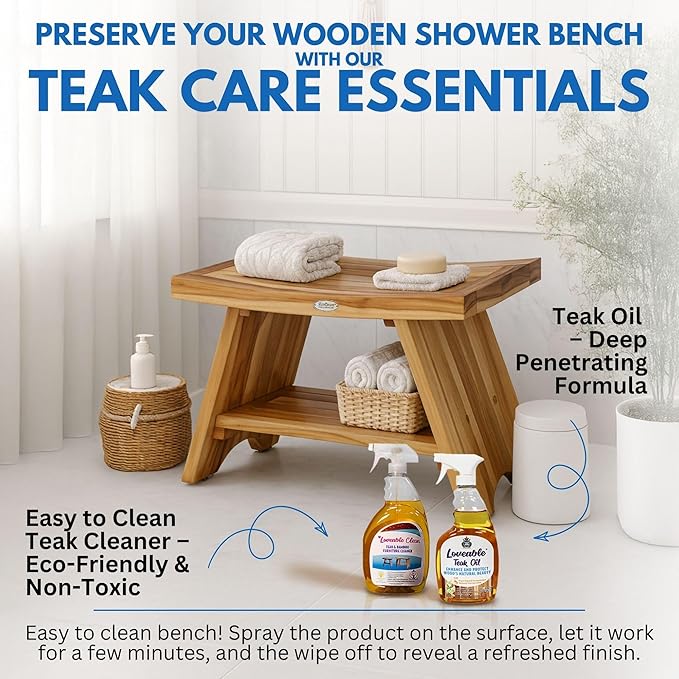 EcoDecors 30 Inch Serenity Teak Shower Bench – Waterproof Bathroom Seat-Large Storage Shelf for Adults & Senior-Spa-Style Teak Wood Stool-Non-Slip Feet-Elegant Finish-300 Pound Capacity