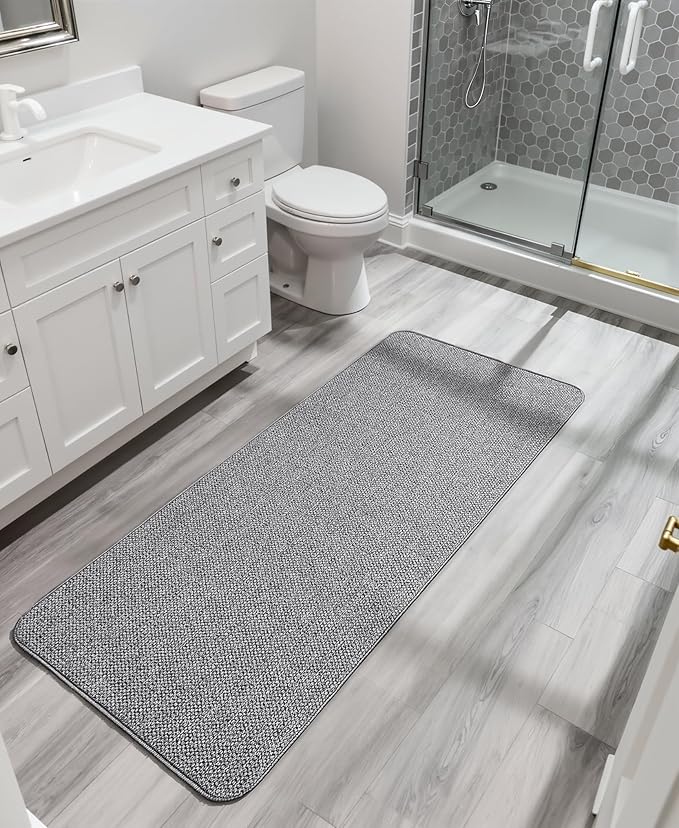 Bosap Bath Mat,Ultra Thin Bathroom Runner Rugs,Large Bath Mats for Bathroom,Quick Dry,Non-Slip,Machine Washable,Low Pile,Bath Rug,Shower Outside,Sink,Home Decor Accessories.Grey,1'5"x4'11"(17x59inch)