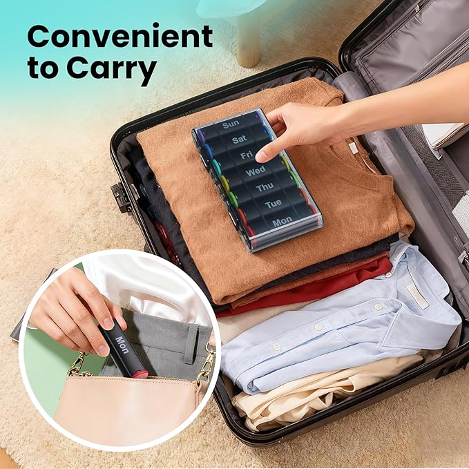 CAidRE Weekly Pill Organizer 2 Times a Day - 7 Day AM PM Pill Box Large Travel Pill Case, Daily Pill Container Dispenser for Vitamins, Supplements, Fish Oils, Medication Storage Pill Holder, Black