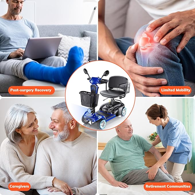 15/25/30/50Miles Eldryvon 4 Wheels Electric Mobility Scooter for Seniors, Dual Basket, 350W Powered Wheelchair with Rotating Seat, Mirrors, Foldable Motorized Scooter for Adults (Blue, 25Miles)