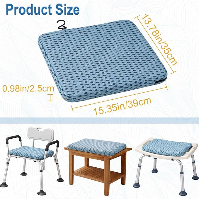 SPRING SEAON Shower Chair Cushion, Gel Shower Seat Cushion with Non-Slip Silicone Bottom, Quick-Dry Mesh Bath Seat Pad, Soft Washable Shower Bench Cushion for Seniors & Adults (Blue)