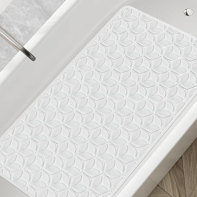 WRISIN Bathtub Mat Non Slip with Suction Cups - 100% Rubber Bathroom Mat Textured for Bath Tub Shower Safety - Soft on Touch - BPA/PVC Free - Pet Dog Bath Mat - Machine Washable - 17 × 35 Inch(White)