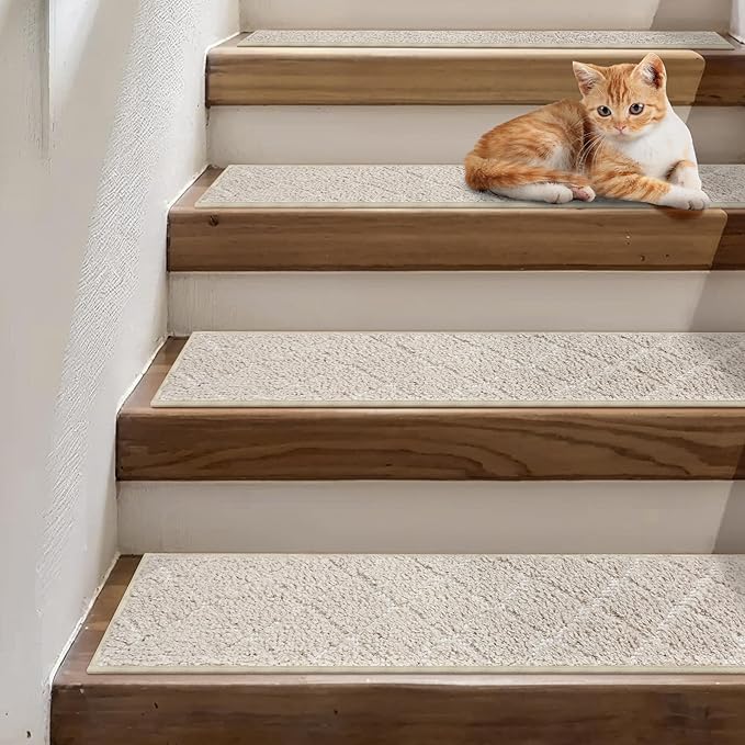 Non Slip Microfiber Stair Treads for Wooden Steps, 15PCS 8"x30" Indoor Safety Carpet, 3D Cut & Loop Tufted Edging Mats with TPE Adhesive Backing, Pet & Elderly Friendly Stair Rugs (Beige/White)