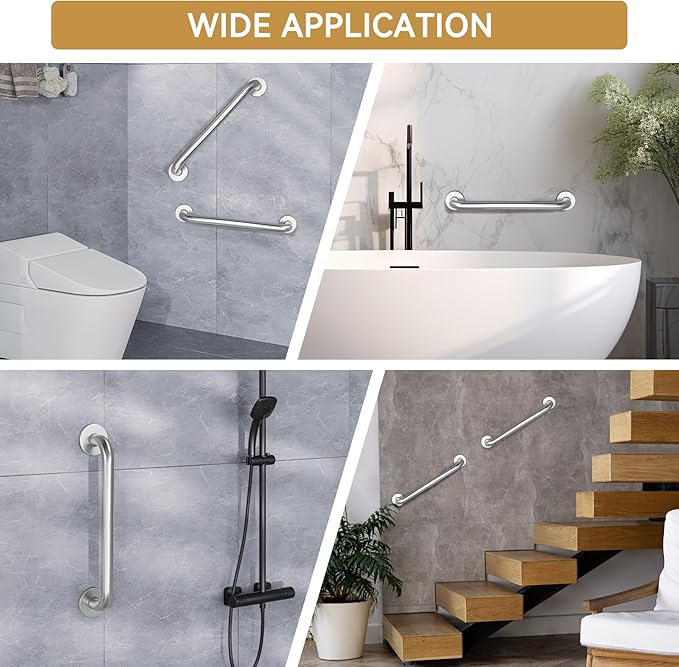 AmazerBath Shower Grab Bars for Seniors Anti Slip, Bath Safety Grab Bar for Needy, Stainless Steel Bathroom Safety Grab Bars, Thickened Bar Bigger Base Holds 500LBS, 12" L x 1.25" D, Brushed Nickel