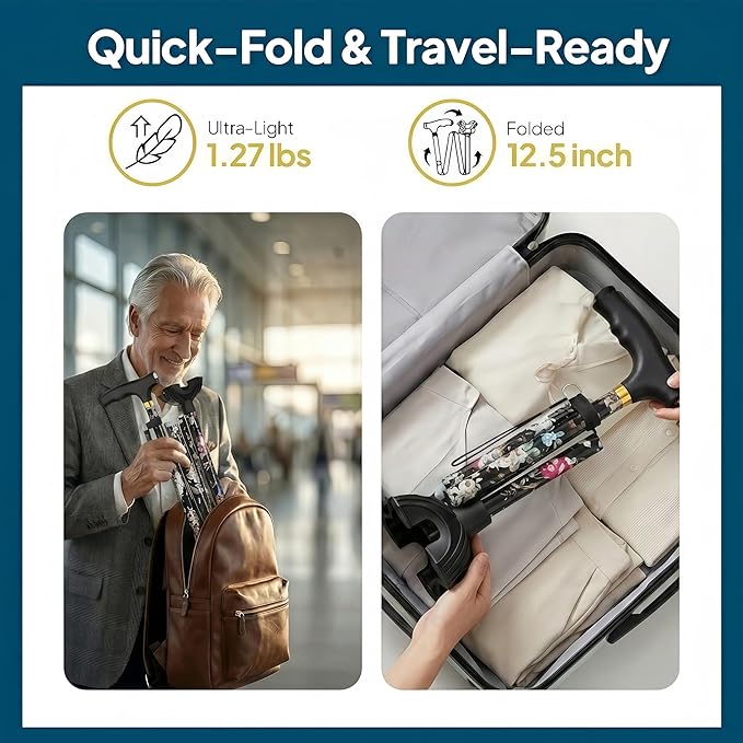 Walking Cane with LED Light, Foldable,Adjustable, Self Standing Walking Canes for Men & Women,Walking Sticks with Quad Base for Seniors & Adults