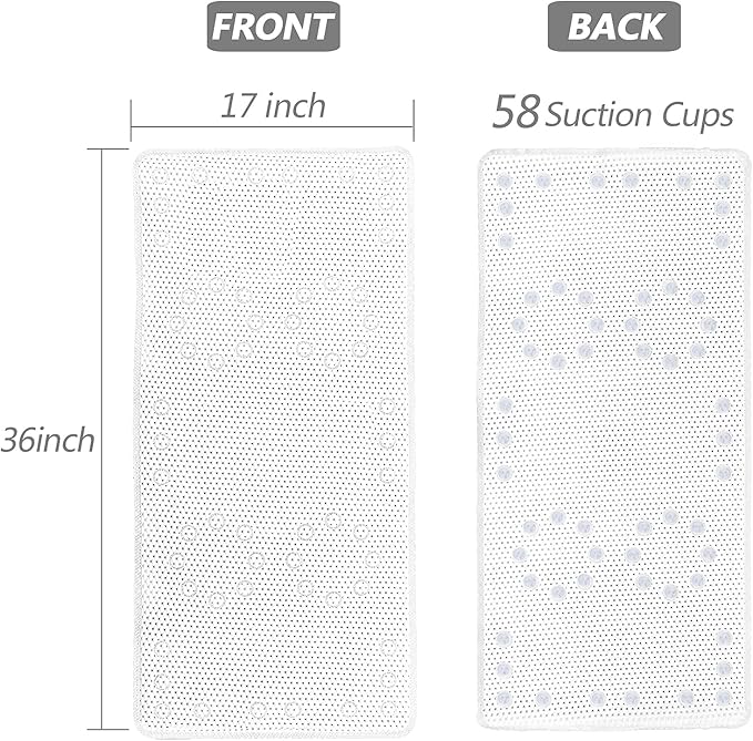 Shower and Bath Mat,Non-Slip Machine Washable and Extra Large Bathtub Mats with Drain Holes and Suction Cups Soft Foam Tub Mats-36” X 17”,White