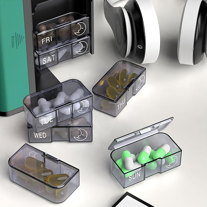 Pill Organizer 7 Day AM PM, Discreet 2 Times a Day Weekly Pill Box with Double Protection Shell, Large Capacity Portable Vitamin Case for Travel Meds & Medicine Organizer (Black and Green)