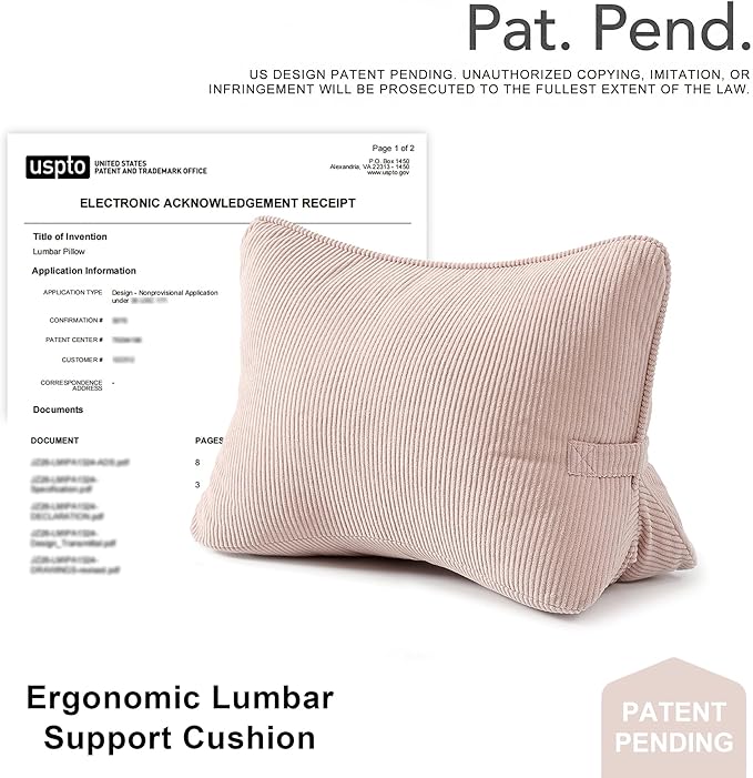 Pat. Pend. Corduroy Back Support Pillow for Sitting, Ideal for Expecting Moms, Low Back Cushion for Bed Sitting, Reading & Relaxing, Ergonomic Triangle Backrest, Washable Cover, Pink