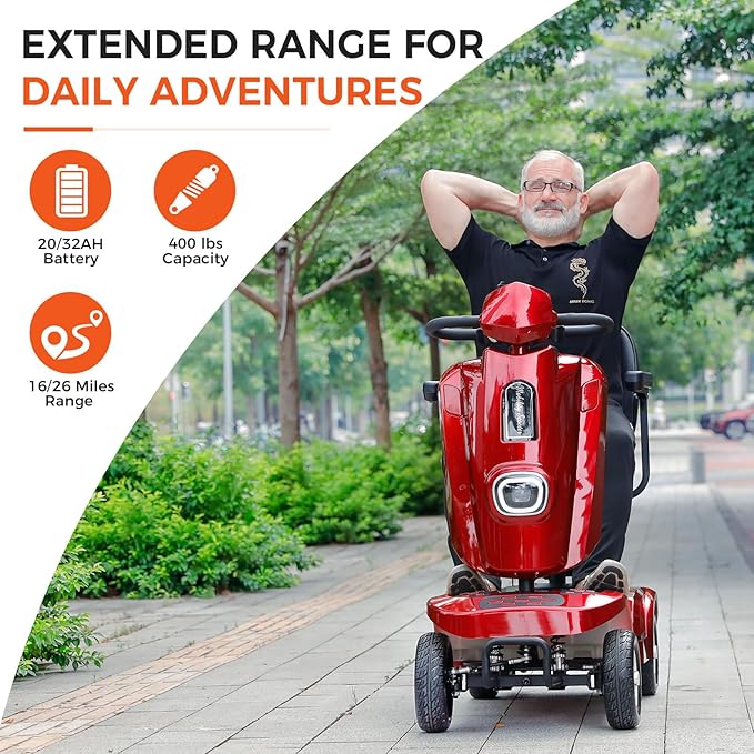Heavy Duty Mobility Scooter for Seniors/Adults, 500W 400LBS Capacity Electric Scooter, All Terrain Mobility Scooters for Travel 10" Off Road Tires, Long Range 4 Wheel Scooter 9MPH, Red 26Miles