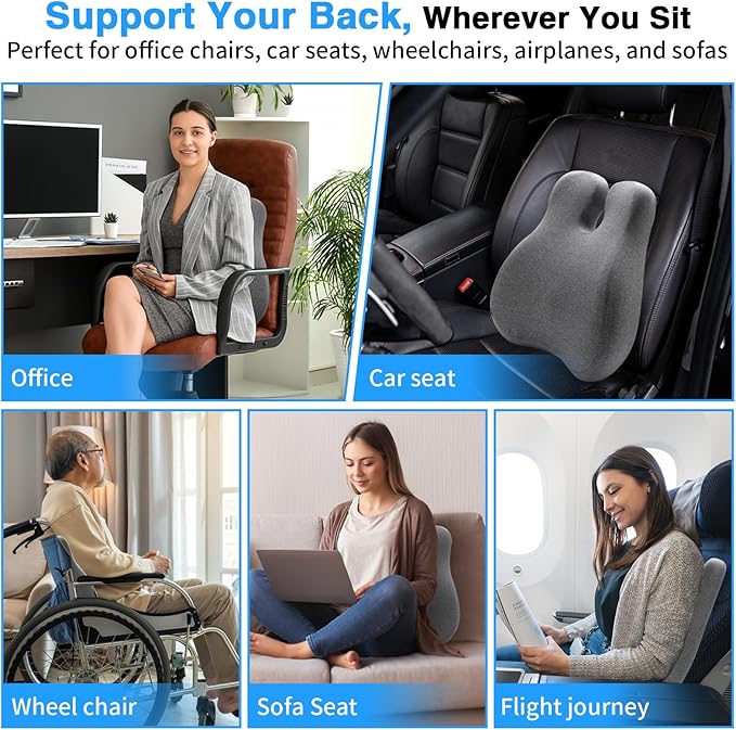 FRIENA Lumbar Support Pillow for Office Chair & Home– High-Density Memory Foam Back Cushion for Lower Back Pain Relief, Ergonomic Back Support Pillow with Breathable Washable Cover – Gray