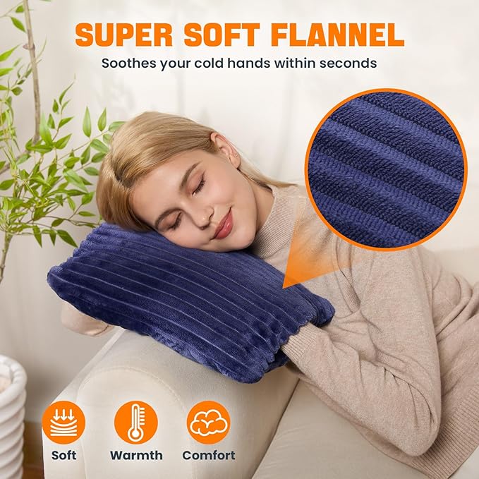 Electric Hand Warmer, Soft Flannel Heated Gloves, Hand Warmer Pouch, Double-Sided Heating Pad for Hands Pain Relief Fingers Arthritis for Women Men Elder, Auto Off & 3 Heat Levels, Blue