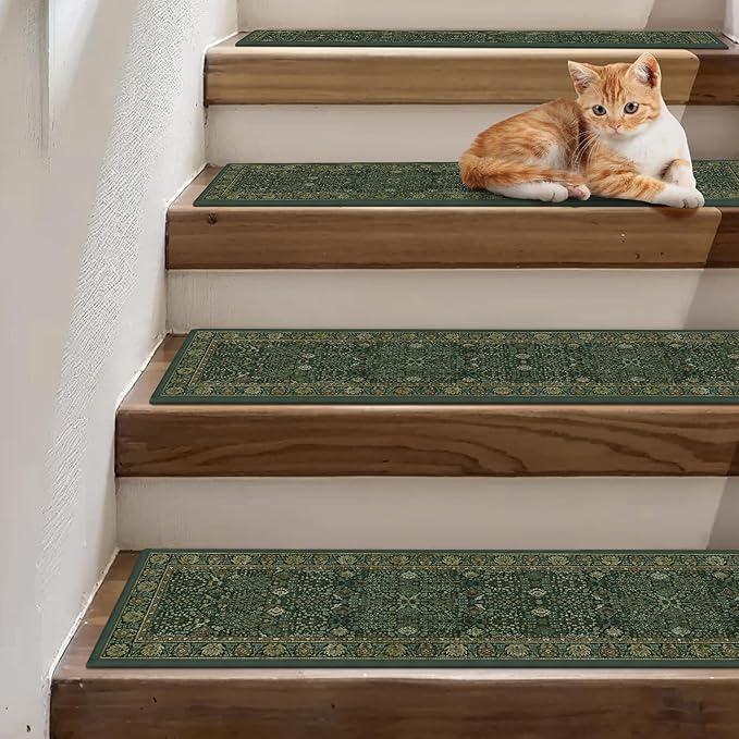 Non Slip Stair Treads for Wooden Steps 15PCS - 8"x30" Indoor Safety Carpet, Edging Mats with TPE Adhesive Backing, Pet and Elderly Friendly Stair Rugs (Dark Green/Multi)