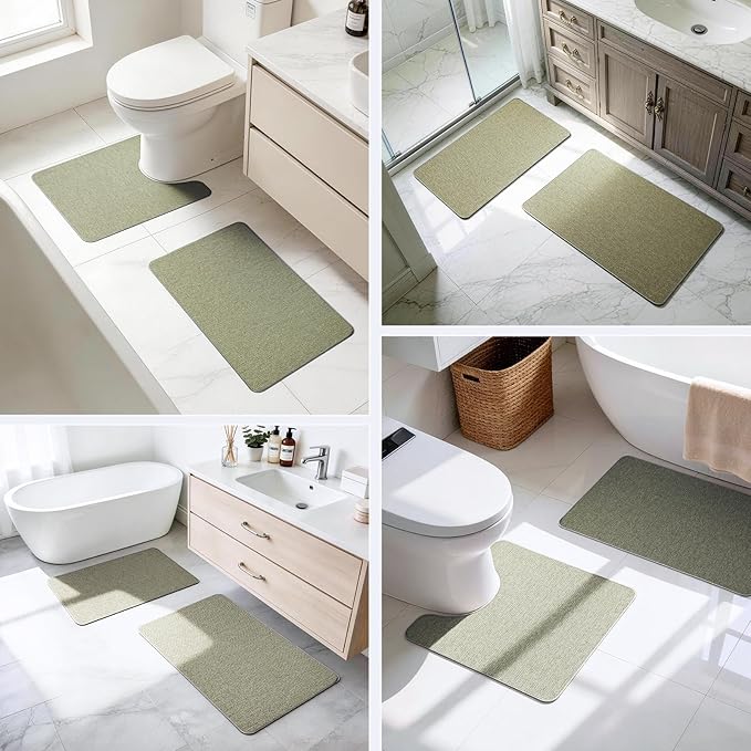 Bathroom Rugs Sets 2 Piece, Thin Bath Mat & U-Shaped Contour Toilet Rug Absorbent Quick Dry, Machine Washable, Non Slip Low Pile Bath Mats for Bathroom/Tub/Sink/Shower (30"x20" +24"x20" U, Sage Green)