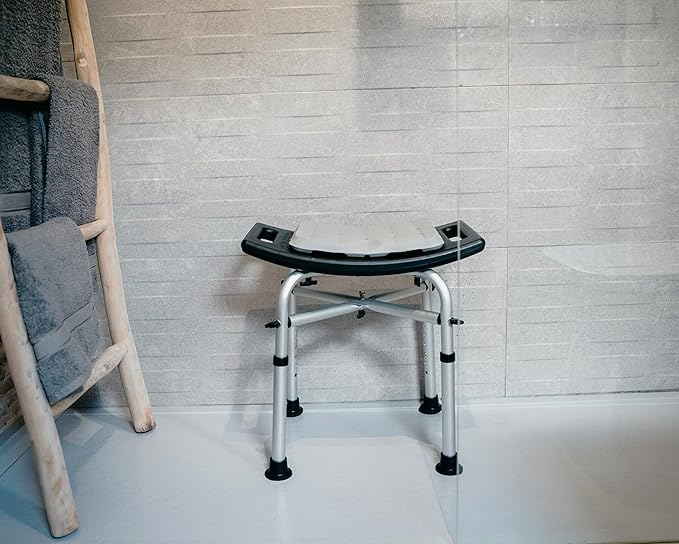 KMINA Shower Stool, Padded with Foam Cushion, Heavy Duty Double Reinforced Crossbar with 6 Height Adjustable, Tool Free, Anti-Slip, Made in Europe