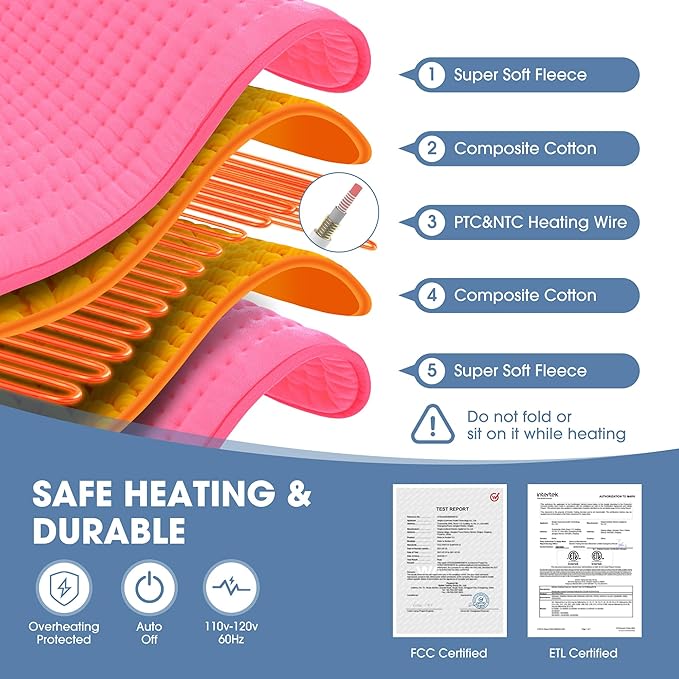 FluffyWarmth Electric Heating Pad for Back, Extra Large 17''x 33'' XXXL for Full Body,Menstrual Period Cramps,Neck Shoulder Back Pain Relief, 6 Heat Settings 4 Timers Heating Pad, Gifts for Women Men