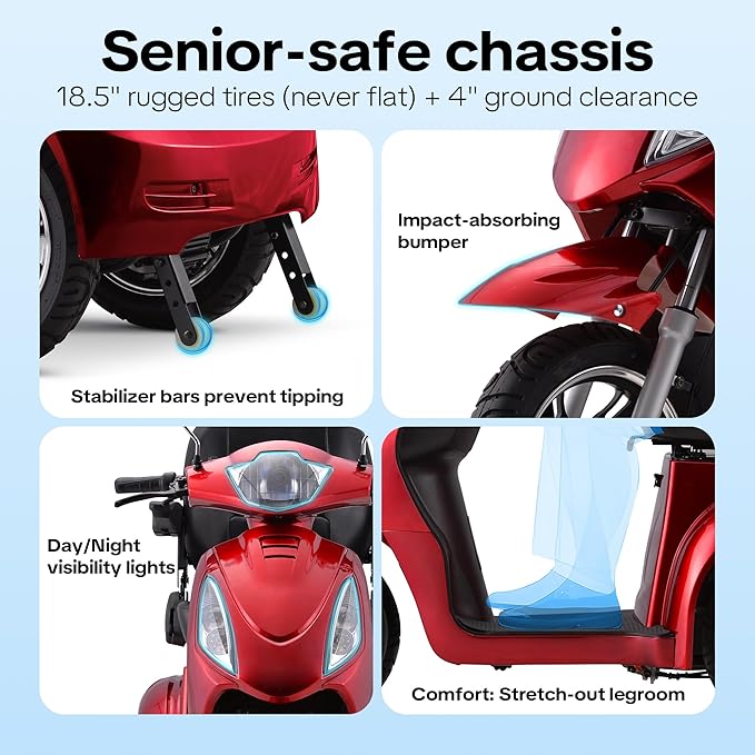 Super Large Electric 4 Wheel Mobility Scooters, Heavy Duty 800W Wheelchair Device, 25 Miles Long Range, All Terrain Mobility Scooter,Speed Adjust, Remote Key,Receive Ready to Ride (3 Wheel -red)