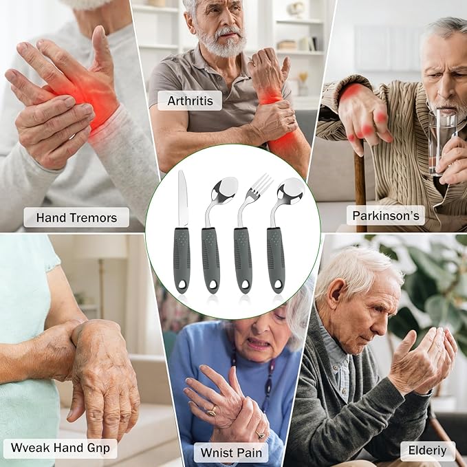 KintKita Adaptive Utensils for Elderly 4 Piece, 45°Angled Parkinsons Utensils for Elderly, Arthritis,2.9 oz Weighted Silverware for Elderly, Arthritis, Weak Hand Grip, Left-Handed Use
