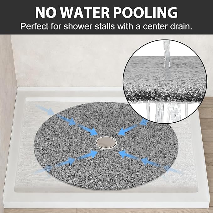 Non Slip Shower Mat: 24x24 inch Round Shower Mats for Inside Shower with Central Drain Hole, Soft Loofah Shower Floor Mat for Standing Shower Stall, RV, Tile Fiberglass Shower Pan, Quick Dry
