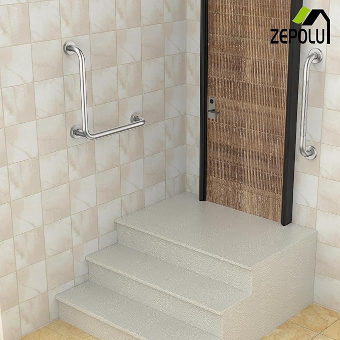 Brushed Nickel Angled Grab Bar 16 Inch, Zepolu Stainless Steel L-Shaped Safety Grab Rail, Bathroom Mobility Aid Handrail, Wall Mounted Balance Support Assist Shower Handle for Senior Elderly Handicap