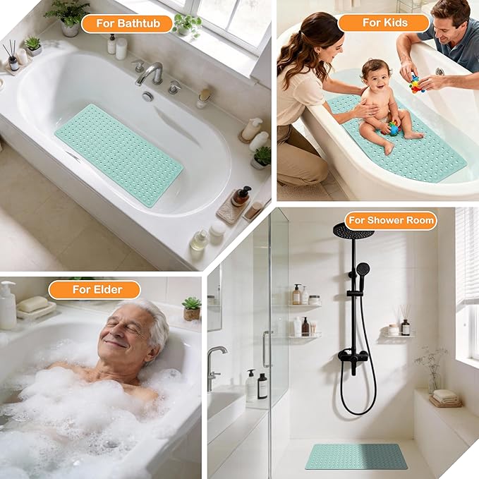 Yimobra Bath Tub Mat Non Slip, 34.5"x15.5" Long Shower Mat, Machine Washable Bathmat with Drain Holes and Suction Cups, Soft on Feet, Bathroom Essentials, Light Green
