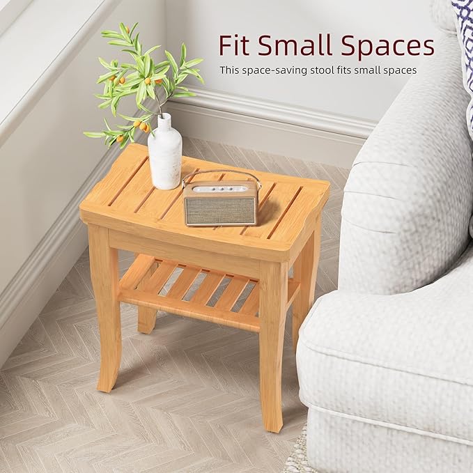 Bamboo Shower Bench, Spa Small Shower Stool for Inside Shower Waterproof, Bathroom Bench Seat with Storage Shelf for Adults Elderly Seniors, Wood Chair for Indoor or Outdoor Use, Natural