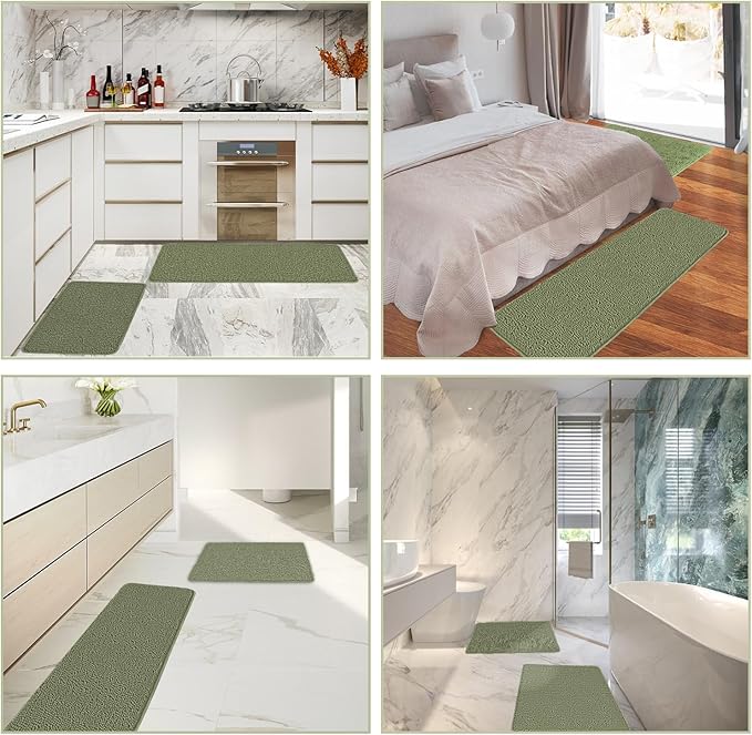 Sage Bathroom Rugs Sets 2 Piece – Absorbent and Washable Bath Mat, Non-Slip, Thick Soft Chenille Bath Rugs for Bathroom Floor, Shower, Sink - 20" x 32"+24" x 36"