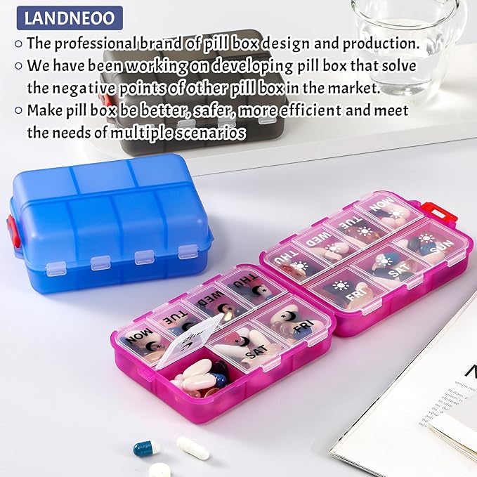 Foldable & Portable Weekly Pill Organizer 2 Times a Day with Clear Printed Labels - 7 Day AM PM Medicine Box, Week Daily Travel Pill Case Holder for Medications, Vitamin, Supplement - Clear Blue