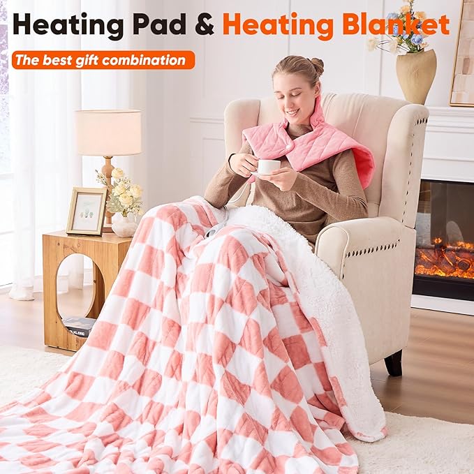 Pink Weighted Heating Pad for Neck Shoulders and Back, Mothers Day Gifts for Mom Wife Grandma, Birthday Gifts for Teen Girls Women, Electric Heated Blanket with 9 Heat Options 4 Auto-Off Timer