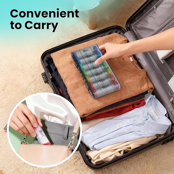 CAidRE Weekly Pill Organizer 2 Times a Day - 7 Day AM PM Pill Box, Large Travel Pill Case & Supplement Container for Daily Medication, Vitamins, Fish Oils, Portable Pill Holder Storage, Translucent
