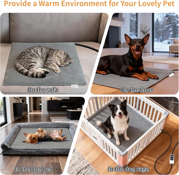 BECEMURU Pet Heating Pad for Dogs & Cats, 30"x18" Waterproof Heated Bed with 6-Temp & Timer, Chew-Resistant Cord Electric Warm Bed for Senior Pets, Soothing Pain Relief for Arthritis