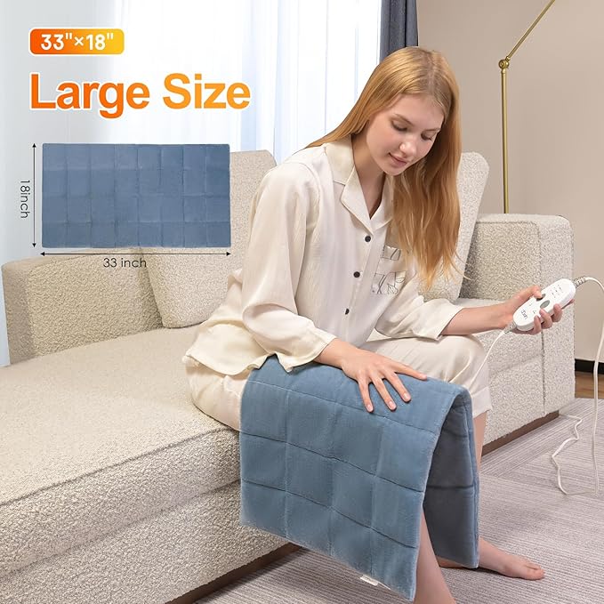 Massaging Heating Pad for Back Pain Cramps Relief,18"x33" Weighted Heating Pad XXL for Neck and Shoulders,4.85lbs Heated pad with 3 Heating Levels,Gifts for Women Men (Blue)