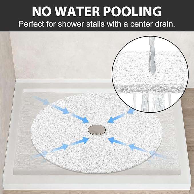Non Slip Shower Mat: 24x24 inch Round Shower Mats for Inside Shower with Central Drain Hole, Soft Loofah Shower Floor Mat for Standing Shower Stall, RV, Tile Fiberglass Shower Pan, Quick Dry