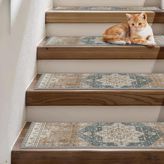 Non Slip Stair Treads for Wooden Steps 15PCS - 8"x30" Indoor Safety Carpet, Edging Mats with TPE Adhesive Backing, Pet and Elderly Friendly Stair Rugs (Blue Brown)