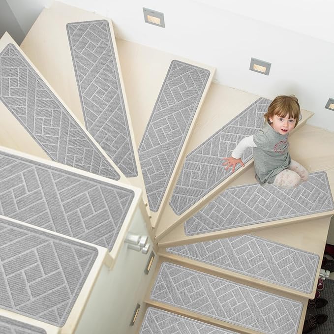 15 Pack 8" X 30" Non-Slip Carpet Stair Treads for Indoor Wooden Steps, Made of Polyester with Reusable Adhesive, Suitable for Kids Elders and Pets (Light Grey Lines)