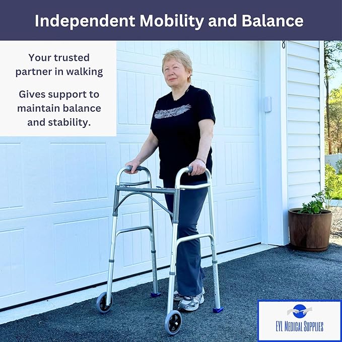 Foldable Lightweight Walker with 2 Wheels, Includes Ski Glides - Folding Design Ideal for Seniors and Elderly Adults - Adjustable for Tall Men and Women - Standing Handicap Mobility Aids