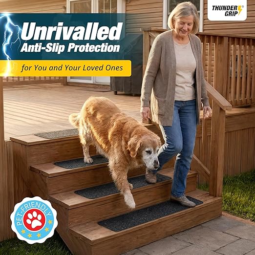 THUNDER GRIP Outdoor Stair Treads Non Slip 30" x 8" - 15-Pack Weather Resistant Exterior Grip Tape for Wooden Steps - Non Slip Stair Treads - Anti Skid Strips - Waterproof 80-Grit Adhesive Treads