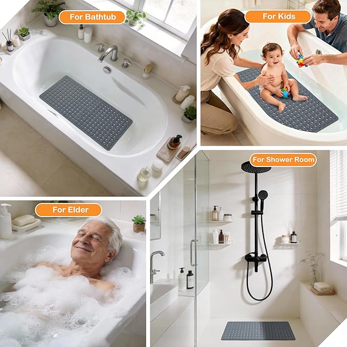 Yimobra Bathtub Mat Non Slip, 27.5"x15.5" Machine Washable Shower Floor Mat, Soft on Feet, Bathmat with Drain Holes and Suction Cups, Bathroom Essentials, Dark Grey