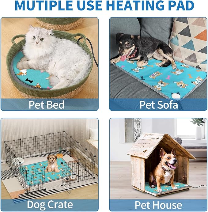 GOLOPET Dog Heating Pad 28×18 in Waterproof Heated Dog Bed,Smart Thermostat Switch with Normally Open On Function,Puppy Heating Pad with Metal Protective Tubes Added-Blue