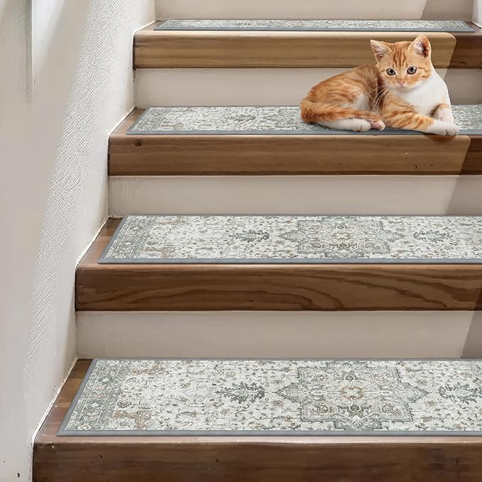 Non Slip Stair Treads for Wooden Steps 13PCS - 8"x30" Indoor Safety Carpet, Edging Mats with TPE Adhesive Backing, Pet and Elderly Friendly Stair Rugs (Taupe)