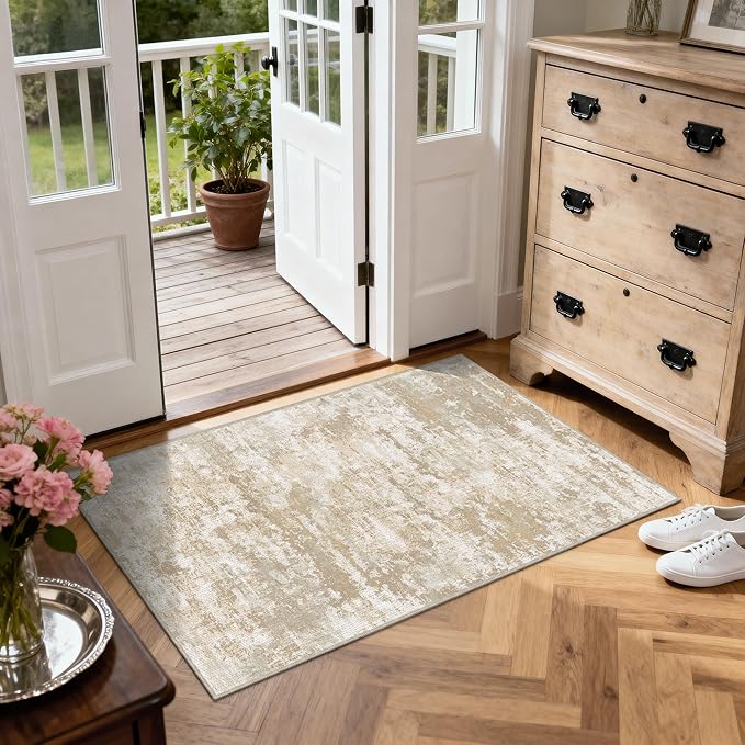 3x5 Area Rug Washable Entryway Rug Non Slip Abstract Tear and Stain Resistance No Pile Lightweight Throw Rugs Carpet for Kitchen, Entrance, Foyer, Bedside, Mudroom, Beige/Yellow